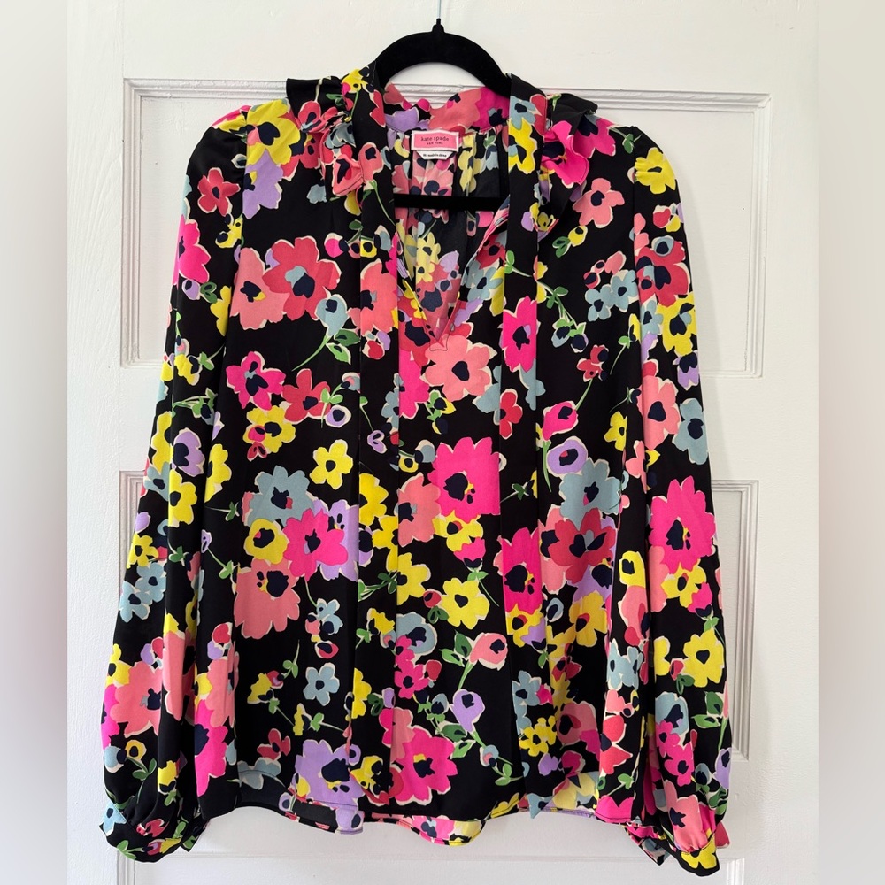Kate Spade Floral Bouquet Black Multi Blouse Size M (2324)